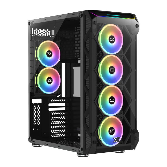 1-1-en46416 Xigmatek Overtake 3 Side Tempered Glass Panel Case with 6 Rainbow RGB Fans - Black - Image 1