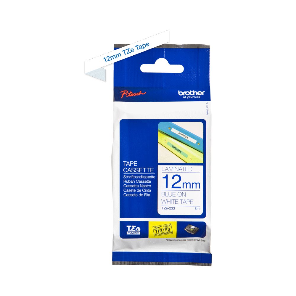 Brother Genuine TZe-233 Labelling Tape Cassette Blue on White, 12mm wide...