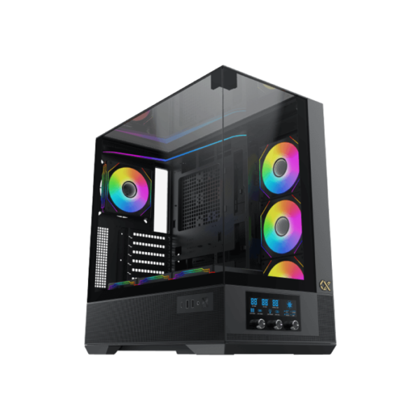Xigmate Vision Midtower Smart Fan Control LCD Display Panel ATX Front Side & Left Side Tempered Glass Panel Case with 7 ARGB Fans - Black