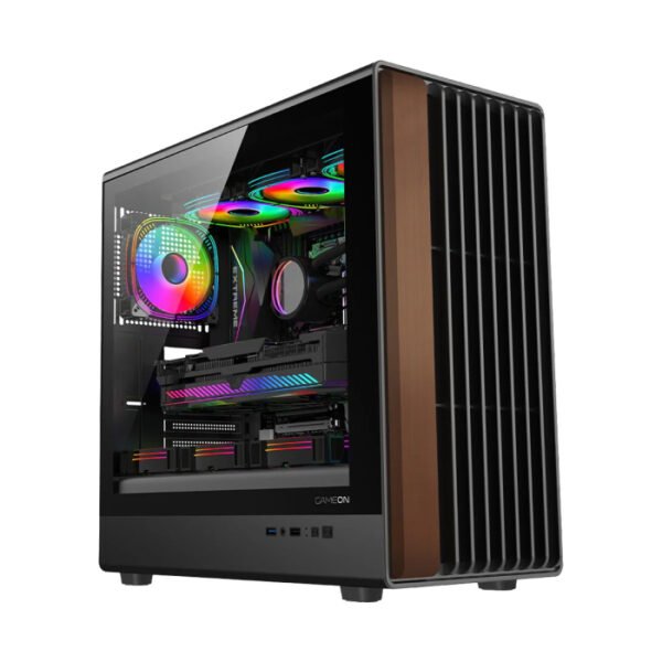 GameOn Timber Midnight Series ARGB + PWM Mid Tower Gaming Case With (7 Fans Included) - Wood/Black