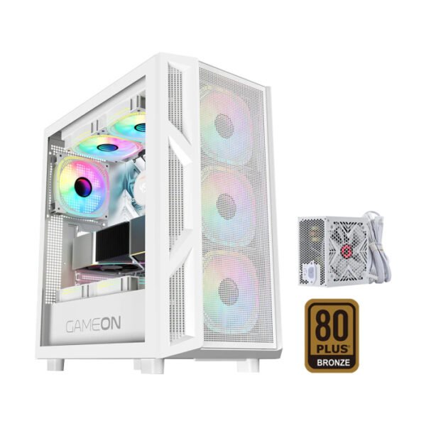 GameOn Trident IV-A PowerForge Series Mid Tower Gaming Case with 750W Power Supply Pre-Installed (4 ARGB Fans Included) - White