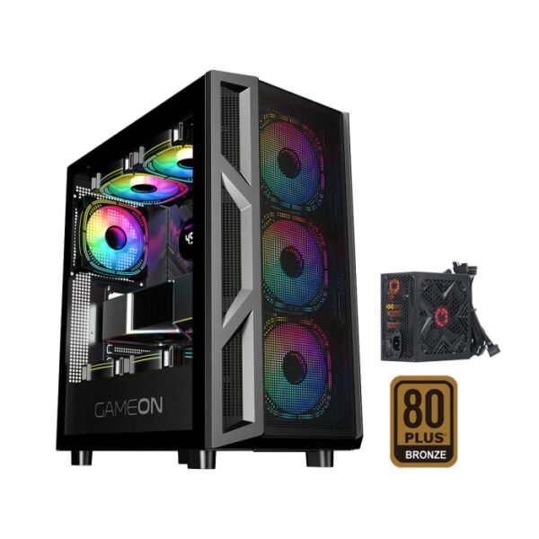 GameOn Trident IV-M PowerForge Series Mid Tower Gaming Case with 750W Power Supply Pre-Installed (4 ARGB Fans Included) - Black