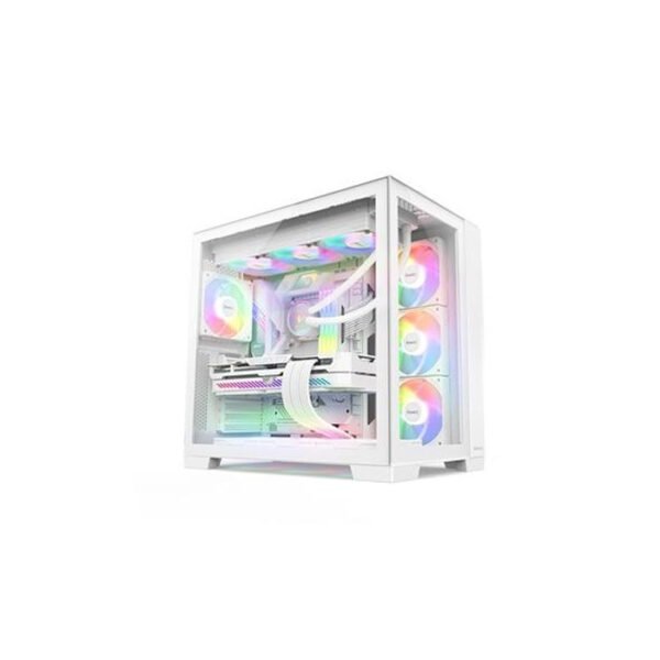 Huntkey Appolo Max ATX Mid Tower Two Panel Front & Left Side Tempered Glass Gaming Case, Dual-Chamber Cooling Layout, Up to 360mm Radiator Support, 7x Pre-Installed RGB Fans - White