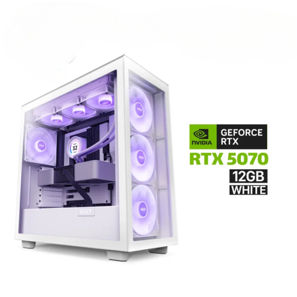 Gaming PC AMD Ryzen 7-9700X Processor, MSI B650 PLUS WIFI Motherboard, 32GB RAM DDR5, 1TB NVMe SSD, RTX 5070 12GB White, L360 Liquid Cooler White, 750 WATT GOLD PSU, NZXT H7 Elite Premium Mid Tower Case with 4 RGB Fans, Windows 11 Pro (License)