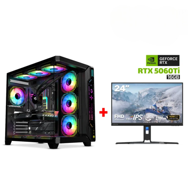 Gaming PC i5-14400F CPU, B760M DDR5 MB, 32GB DDR5 RAM, 1TB NVMe SSD, GeForce RTX 5060 Ti 16GB VGA, 750 WATT PSU, GameOn Pulse Series Mid Tower Case, USB Wi-Fi Adapter, Win 11 Pro (License), Lenovo Legion R24E 23.8" FHD 180Hz Gaming Monitor (67CCGAC4A