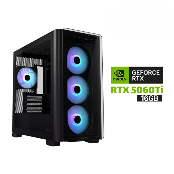Gaming PC i5-14400F Processor, H610M DDR5 Motherboard, 16GB DDR5 RAM, 1TB NVMe SSD, RTX 5060 Ti 16GB VGA, 750 WATT PSU, Asus A23 Plus Mid Tower Front Side & Left Side, USB Wi-Fi Adapter, Windows 11 Pro (License)