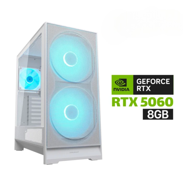 Gaming PC i5-14400F Processor, ASUS H610 D5 WIFI Motherboard, 16GB DDR5 RAM, 1TB NVMe SSD, RTX 5060 8GB VGA, 750 WATT PSU, Cougar AIRFACE 180 Series Mid Tower Case White 3x ARGB Fans, Windows 11 Pro (License)