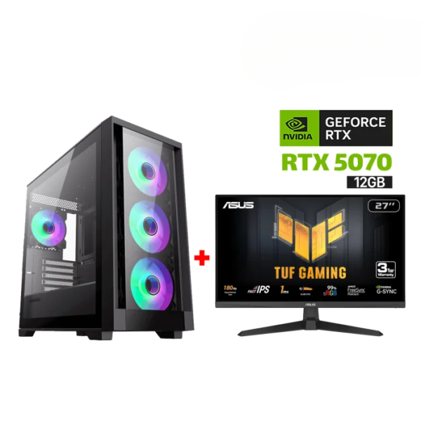 Gaming PC i5-14400F Processor, MSI BOMBER B760 WIFI D5 Motherboard, 32GB RAM DDR5, 1TB SSD NVME, RTX 5070 12GB VGA, 850 WATT PSU, AZZA L240 Liquid Cooler ,GameMax Defender TG Mid Tower Case, Windows 11 Pro (License) + Asus TUF Gaming 27" FHD Monitor