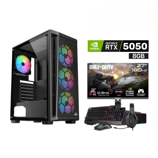 Gaming PC i5-14400F, H610 D4 Motherboard, 16GB D4 RAM, 1TB NVMe SSD, RTX 5050 8GB VGA, 750 WATT PSU, Sharx Razorfin R-200 Case, 4 RGB Fans, USB Wi-Fi Adapter, Windows 11 Pro (License) Gameon Call Of Duty FHD Gaming Monitor + SharX Jaws JS4X1 Gaming Bundle