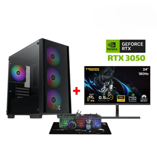 Gaming PC i5-14400F, H610 DDR4 MotherBoard, 16GB DDR4 RAM, 1TB NVMe SSD, RTX 3050 6GB VGA, 650 Watt PSU, Xigmatek NYX AIR II M-ATX Case, USB WiFi Adapter, Win 11 Pro License, Twisted Minds 24" IPS 180Hz 0.5ms FHD Monitor, Gameon Cypher XL All-In-One Bundl