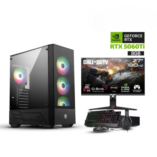 Gaming PC i5-14400F,H610 D5 Motherboard,16GB D5 RAM,1TB NVMe SSD,RTX 5060Ti 8GB,750 WATT PSU,MSI MAG Forge 112R Case,USB Wi-Fi Adapter,Win 11 Pro (License)+GAMEON Call Of Duty COD27FHD180IPS 27" FHD,180Hz,HDMI 2.1 Gaming Monitor+Sharx JS4X1 4in1 Bundle