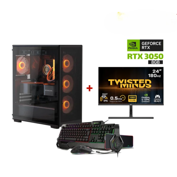 Gaming PC i5-12400F CPU,H610 D4 MB,16GB D4 Ram,1TB NVME SSD,RTX 3050 8GB VGA,650 WATT PSU,Cougar MX220 RGB Mid Tower Case,4x RGB Fans,Win 11 Pro (License) Twisted Minds 24'' FHD 180Hz Monitor,SharX Jaws Wried Gaming Keyboard,Mouse,Headset,MousePad