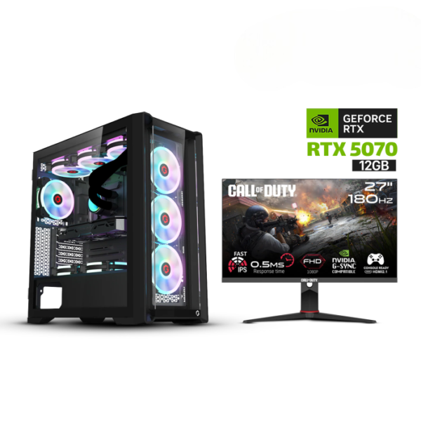 Gaming i7-13700F CPU, B760 DDR5 Motherboard, 32GB D5 RAM, 1TB NVMe SSD, RTX 5070 12GB, 850 WATT PSU, L240 Liquid Cooler, GameOn Vortex Mid Night Series Case 4x RGB Fans, Win 11 Pro (License) + GAMEON Call Of Duty 27’’ FHD 180Hz HDMI 2.1 Gaming Monitor