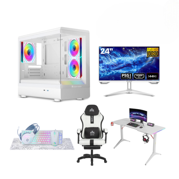 Gaming PC – Intel i5-14400F, ASUS H610 D5 WiFi, 16GB DDR5, 1TB NVMe SSD, RTX 5060 8GB White, 650W PSU, Jungle Leopard MS-01 mATX White Case 3x ARGB Fans, Win 11 Pro, Sades 24" 144Hz Monitor, Royal RGB Desk & C23 Chair White, GameOn Wired Bundle