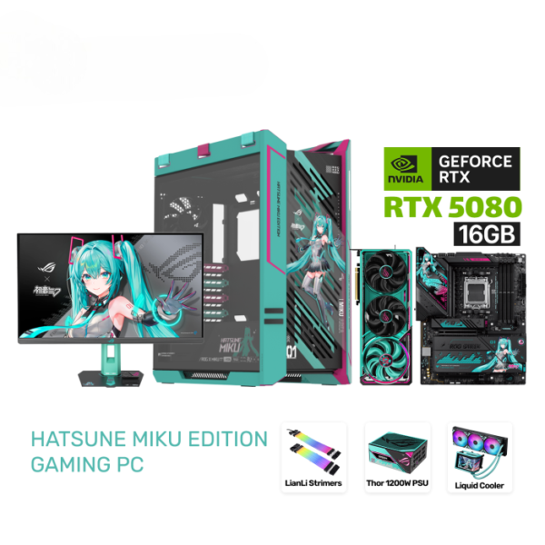 Hatsune Miku Edition Gaming PC – AMD Ryzen 9 9950X3D, ASUS ROG Strix X870E-H DDR5 Motherboard, 64GB DDR5-6400 RAM, Samsung 2TB 9100 Gen-5 SSD, RTX 5080 16GB, ROG Ryuo IV 360 Cooler, Thor 1200W PSU, Helios II Case + XG27ACMEG-G Monitor