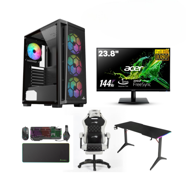 Gaming PC – Intel i5-12400F Processor, H610 D4 Motherboard, 16GB DDR4 RAM, 1TB NVMe SSD, RTX 3050 6GB GPU, 650W PSU, Sharx Razorfin ATX Case 4x RGB Fans, USB WiFi, Windows 11 Pro, Acer 24" 144Hz Monitor, Royal RGB Desk, C23 Chair & SharX JS4X1 Bundle